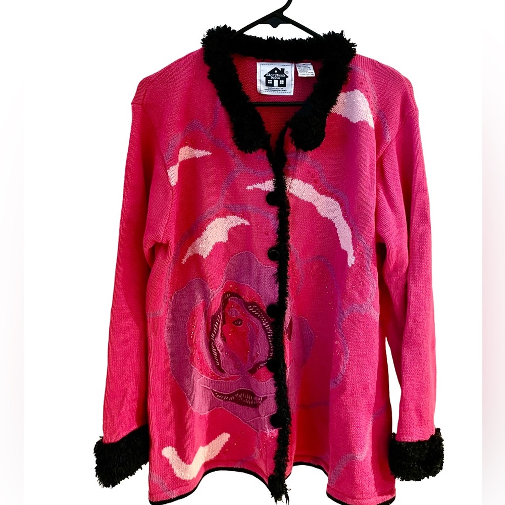 Y2K Storybook Knits Pink Rose Cardigan Black Trim Floral Embroidered